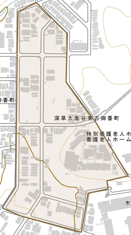 深草大亀谷東古御香町とその周辺の地図。町の範囲を重ねている
