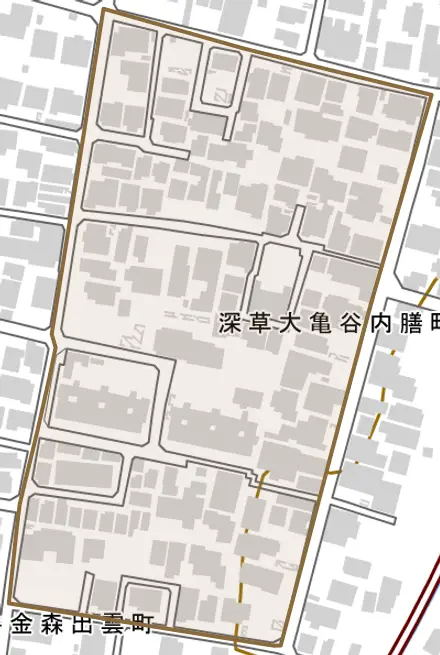 深草大亀谷内膳町とその周辺の地図。町の範囲を重ねている