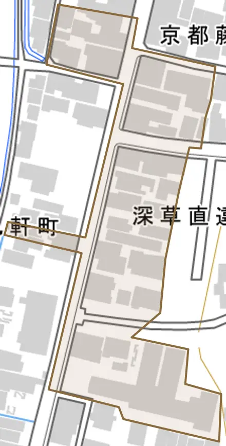 深草直違橋片町とその周辺の地図。町の範囲を重ねている