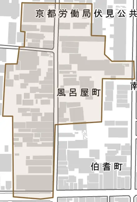 風呂屋町とその周辺の地図。町の範囲を重ねている