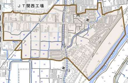 羽束師古川町とその周辺の地図。町の範囲を重ねている