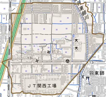 羽束師菱川町とその周辺の地図。町の範囲を重ねている