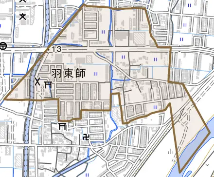羽束師志水町とその周辺の地図。町の範囲を重ねている