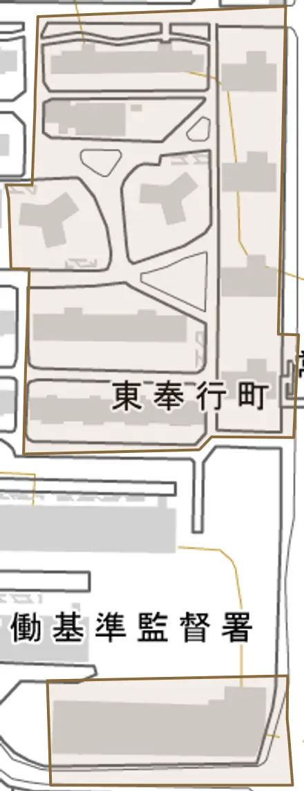 東奉行町とその周辺の地図。町の範囲を重ねている
