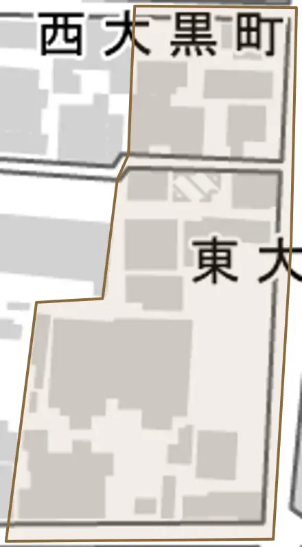 東大黒町とその周辺の地図。町の範囲を重ねている
