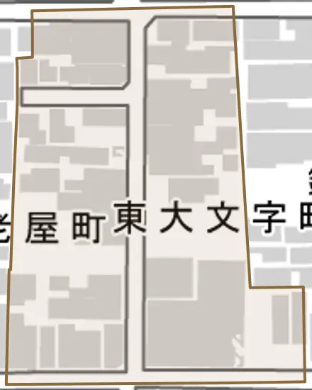 東大文字町とその周辺の地図。町の範囲を重ねている