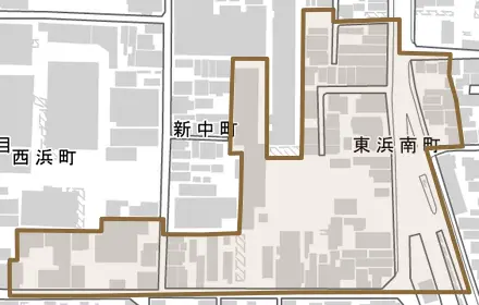 東浜南町とその周辺の地図。町の範囲を重ねている