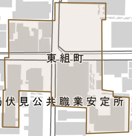 東組町とその周辺の地図。町の範囲を重ねている