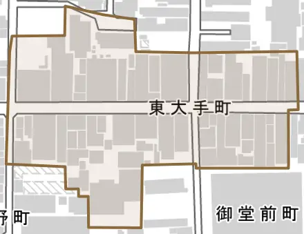 東大手町とその周辺の地図。町の範囲を重ねている