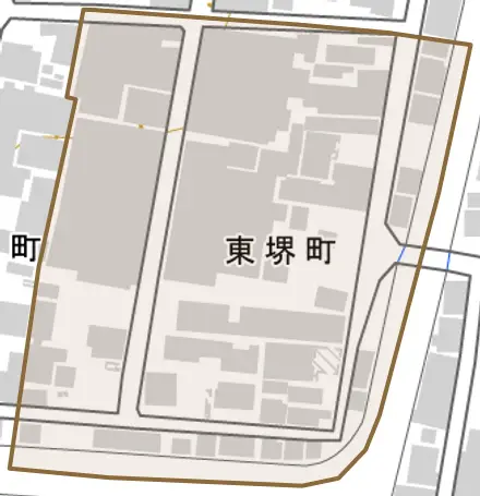 東堺町とその周辺の地図。町の範囲を重ねている
