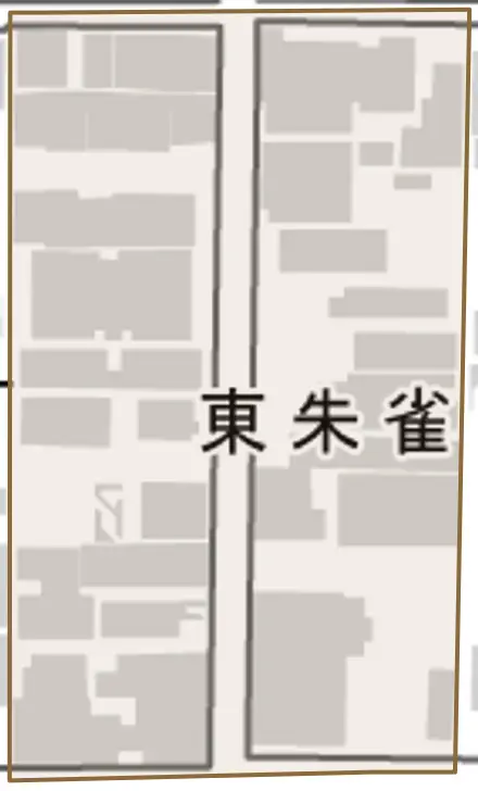 東朱雀町とその周辺の地図。町の範囲を重ねている
