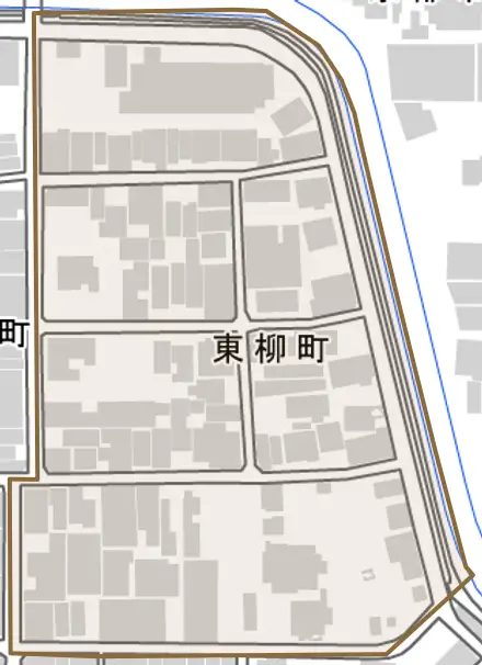 東柳町とその周辺の地図。町の範囲を重ねている