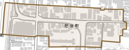肥後町とその周辺の地図。町の範囲を重ねている