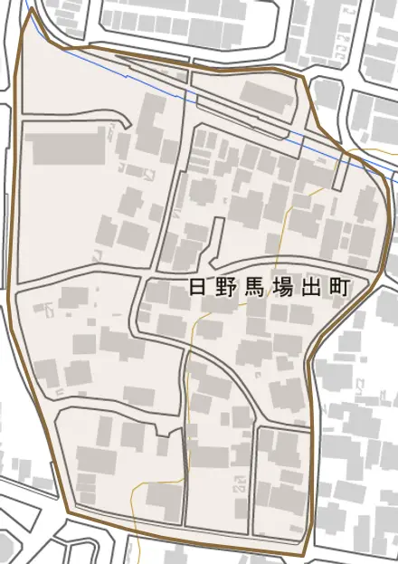 日野馬場出町とその周辺の地図。町の範囲を重ねている