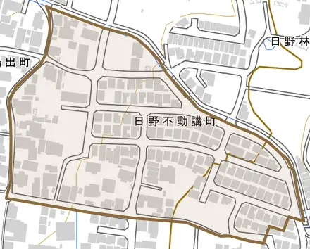 日野不動講町とその周辺の地図。町の範囲を重ねている