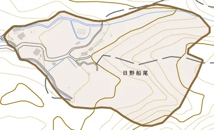 日野船尾とその周辺の地図。町の範囲を重ねている
