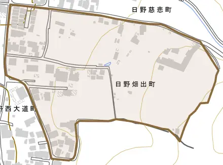 日野畑出町とその周辺の地図。町の範囲を重ねている