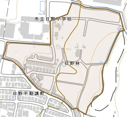 日野林とその周辺の地図。町の範囲を重ねている