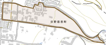 日野慈悲町とその周辺の地図。町の範囲を重ねている