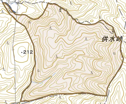 日野南山とその周辺の地図。町の範囲を重ねている