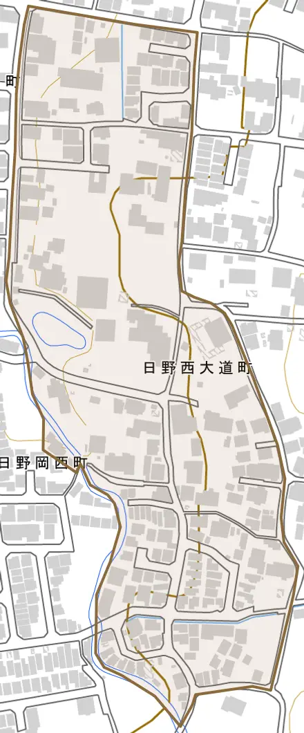 日野西大道町とその周辺の地図。町の範囲を重ねている