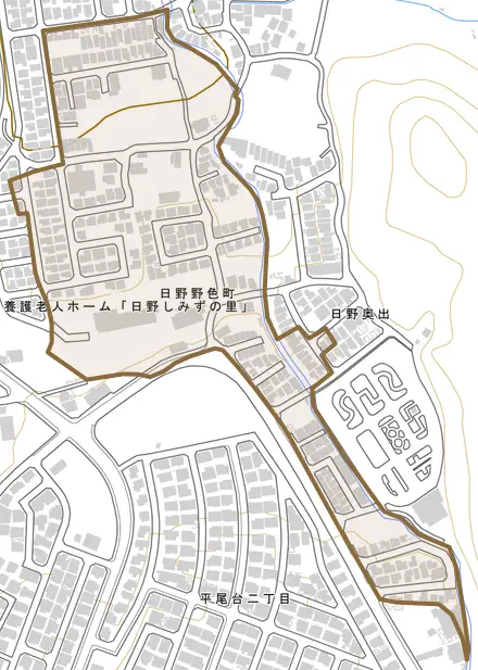 日野野色町とその周辺の地図。町の範囲を重ねている