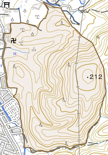 日野谷田町とその周辺の地図。町の範囲を重ねている