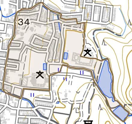 日野谷寺町とその周辺の地図。町の範囲を重ねている