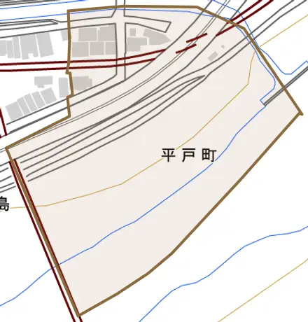 平戸町とその周辺の地図。町の範囲を重ねている