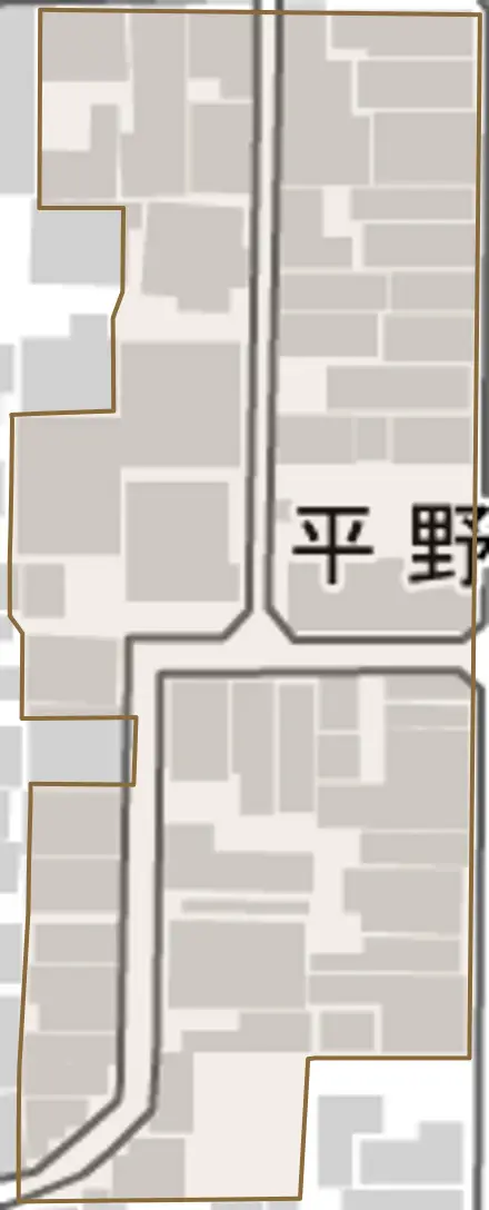 平野町とその周辺の地図。町の範囲を重ねている