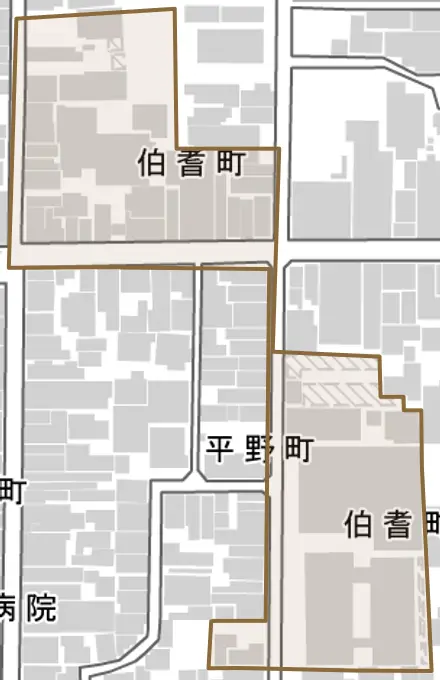 伯耆町とその周辺の地図。町の範囲を重ねている