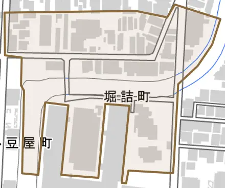 堀詰町とその周辺の地図。町の範囲を重ねている