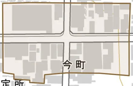 今町とその周辺の地図。町の範囲を重ねている