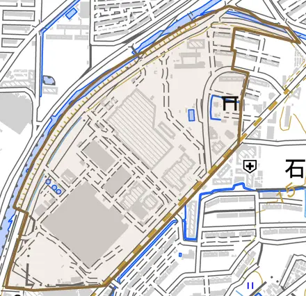 石田森西とその周辺の地図。町の範囲を重ねている