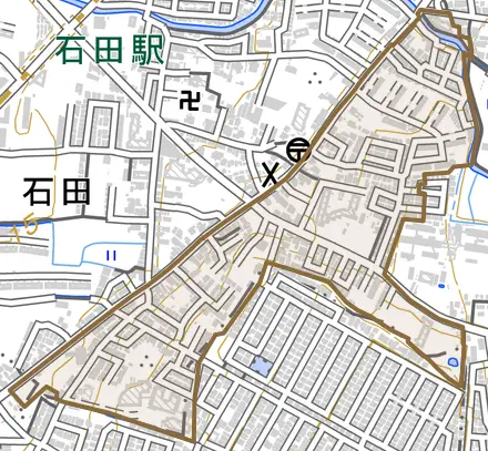 石田大山町とその周辺の地図。町の範囲を重ねている