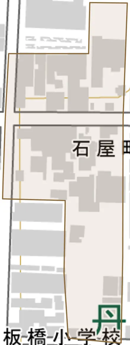 石屋町とその周辺の地図。町の範囲を重ねている