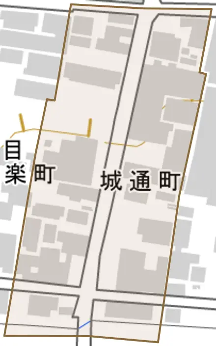城通町とその周辺の地図。町の範囲を重ねている