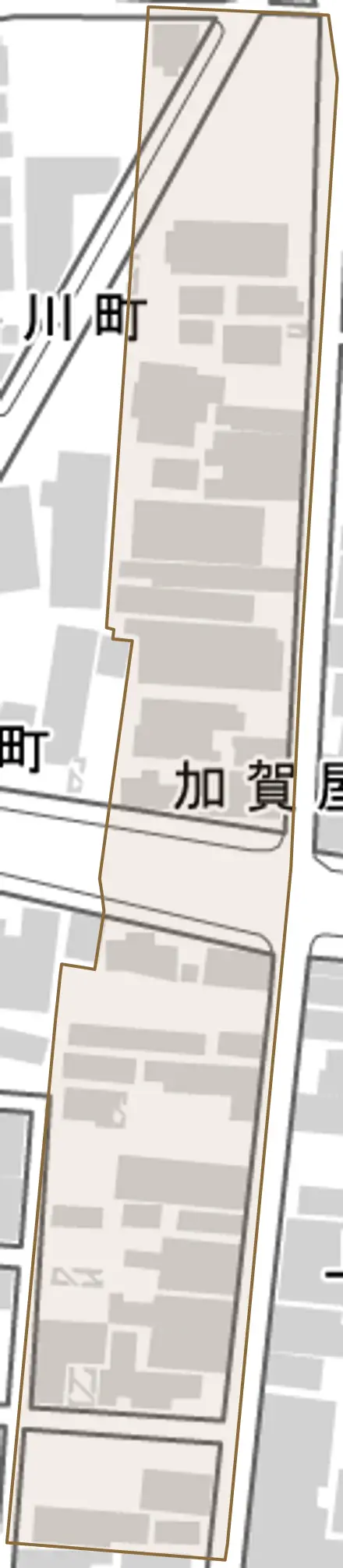 加賀屋町とその周辺の地図。町の範囲を重ねている