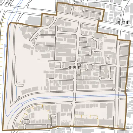 景勝町とその周辺の地図。町の範囲を重ねている