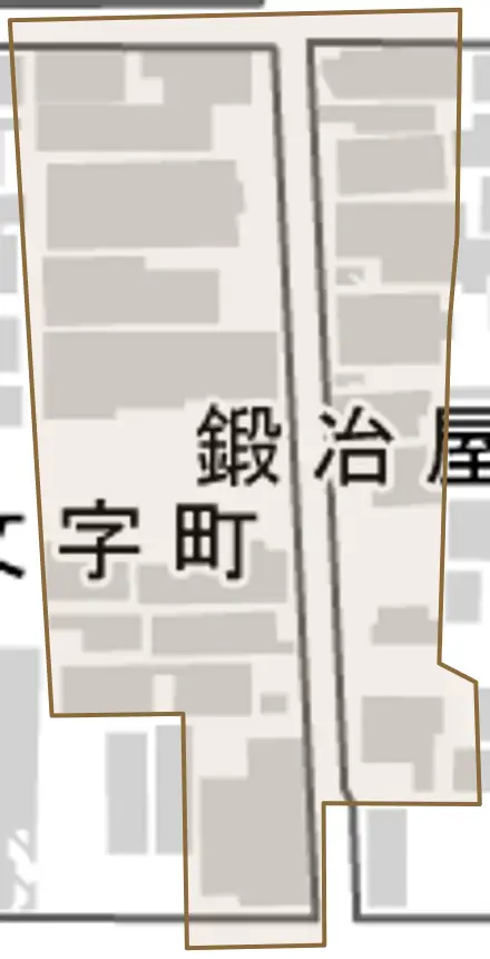 鍛冶屋町とその周辺の地図。町の範囲を重ねている