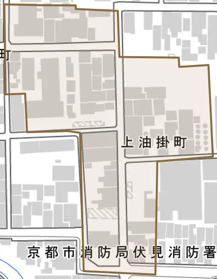 上油掛町とその周辺の地図。町の範囲を重ねている