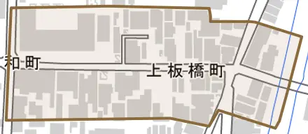 上板橋町とその周辺の地図。町の範囲を重ねている