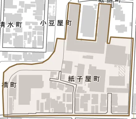 紙子屋町とその周辺の地図。町の範囲を重ねている