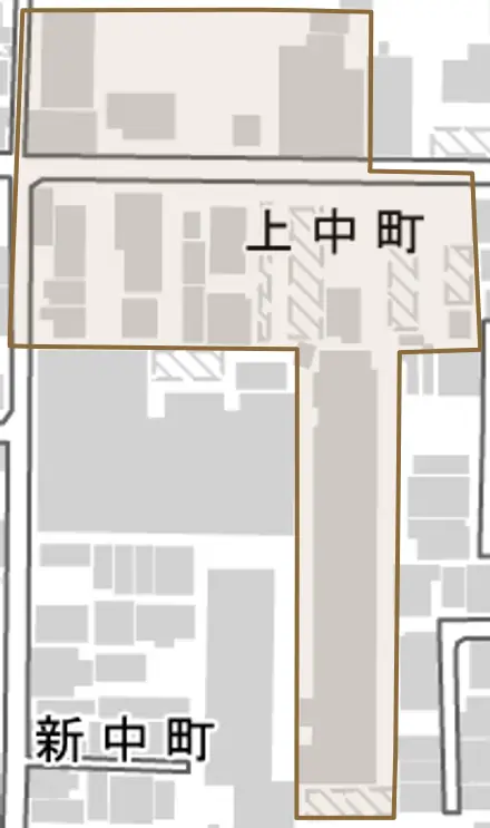 上中町とその周辺の地図。町の範囲を重ねている