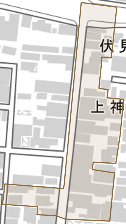 上神泉苑町とその周辺の地図。町の範囲を重ねている