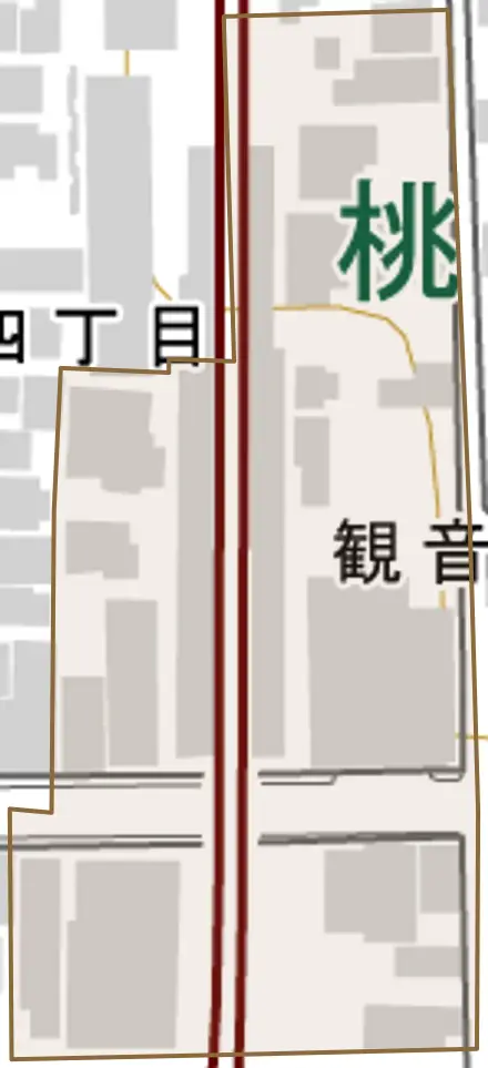 観音寺町とその周辺の地図。町の範囲を重ねている