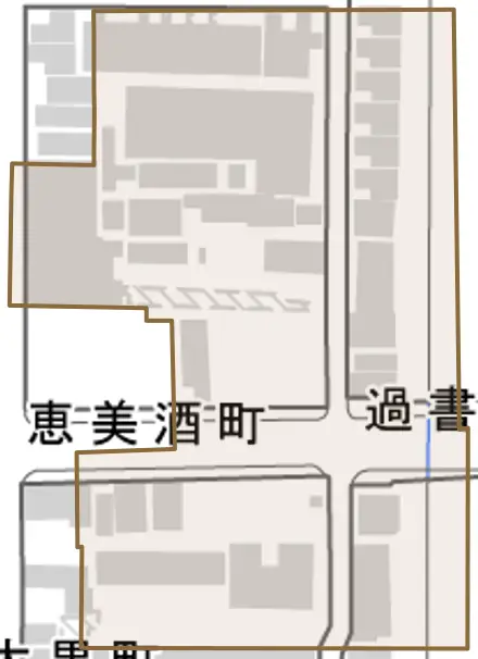 過書町とその周辺の地図。町の範囲を重ねている