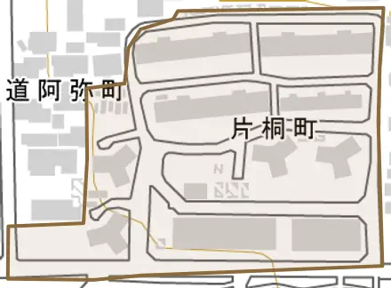 片桐町とその周辺の地図。町の範囲を重ねている