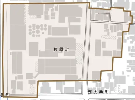 片原町とその周辺の地図。町の範囲を重ねている