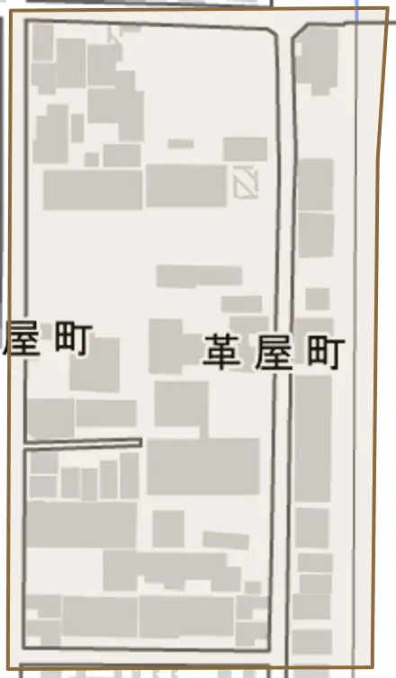 革屋町とその周辺の地図。町の範囲を重ねている
